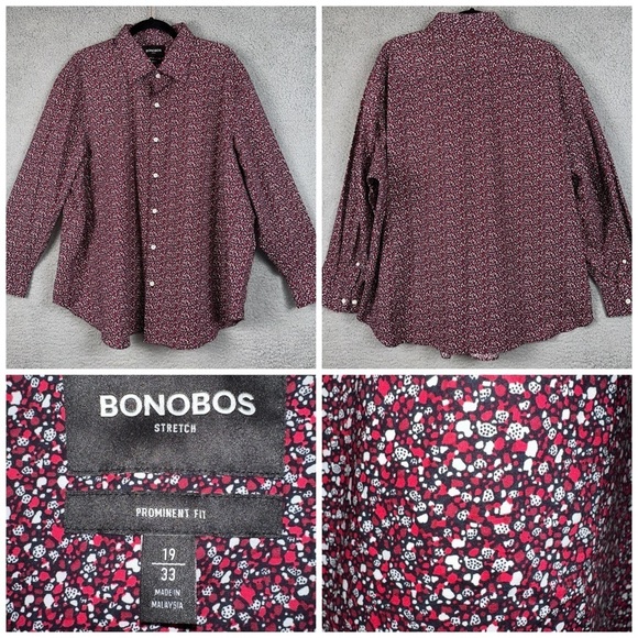 Bonobos Shirt Mens 19x33 Red Jetsetter Stretch Prominent Fit Preppy Office Y2K - Picture 6 of 12